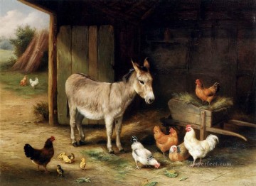 動物 Painting - 納屋のロバの鶏と鶏 農場の動物 エドガー・ハント